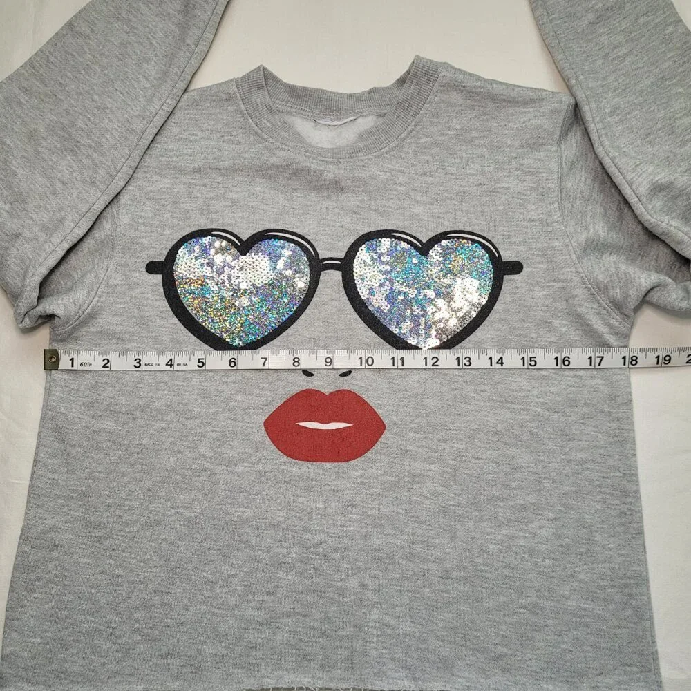 Cropped Sweatshirt Gray Sequin Heart Glasses Lips Sparkle Y2K Athleisure
